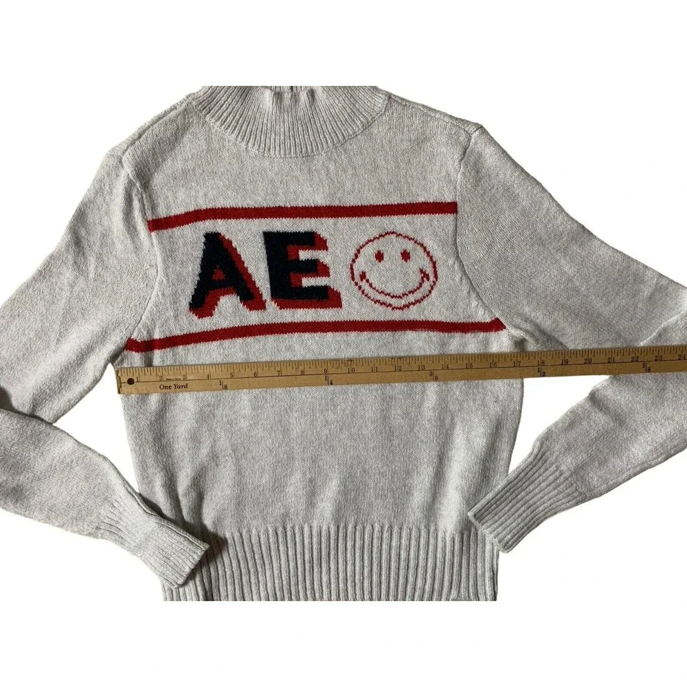 New! American Eagle Smiley  Mockneck Sweater gray Marled Blue Red Logo Women's M
